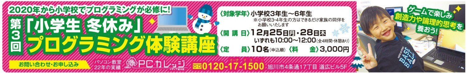 第3回 小学生 冬休み プログラミング体験講座 旭川市4条通 イベント ライナーウェブ